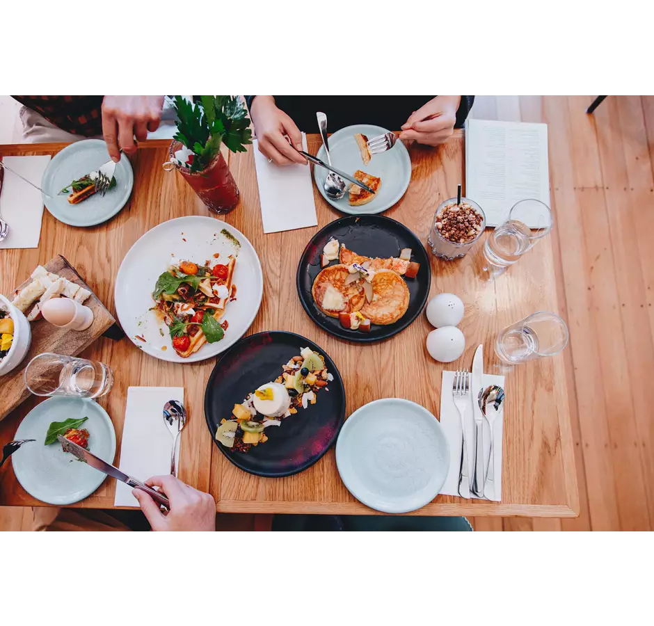 Miro Cafe, birdseye view of plates of food on table.